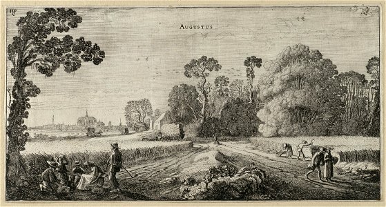 Augustus (Augustus). Een landschap met boeren die graan oogsten, voorstellende de maand augustus. Links een groep rustende en etende boeren. In de verte de stad Haarlem met de Sint-Bavokerk. NL-HlmNHA 53012353