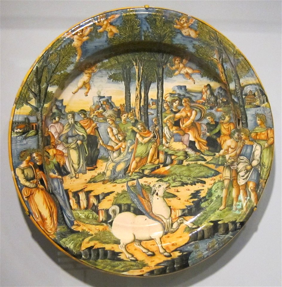 'Apollo and Muses on Mount Parnassus', tin-glazed earthenware plate, Cincinnati