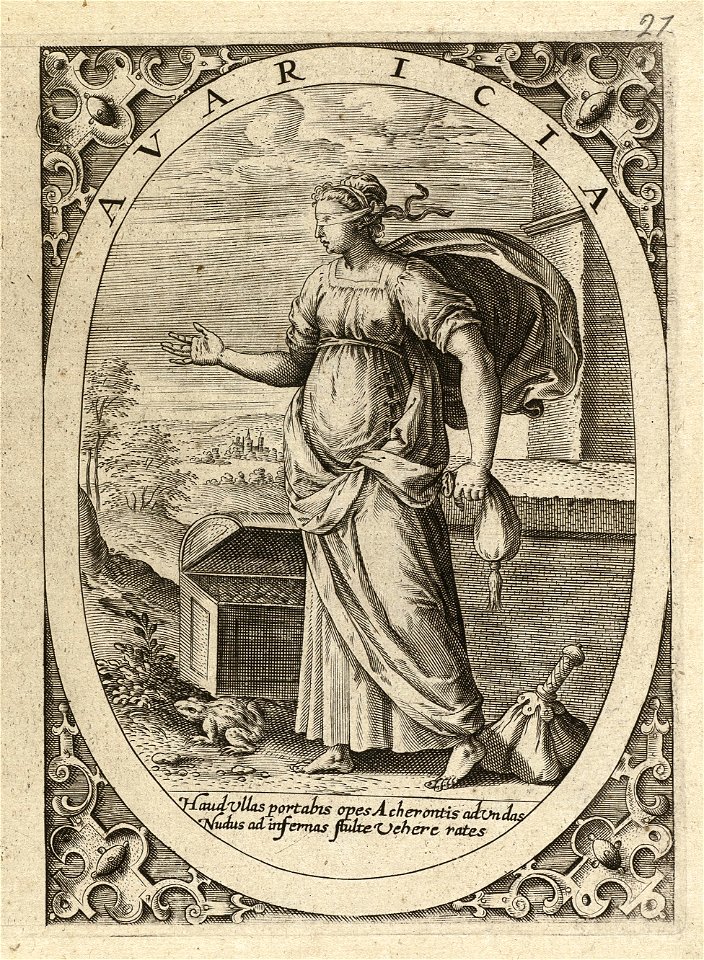 Avaritia, hebzucht - gierigheid een geblinddoekte vrouw met een geldbuidel in de hand, staand in een ovaal, in een landschap. Naast haar een geldkist, nog een geldbuidel en een kikker. In d, NL-HlmNHA 1477 53008357