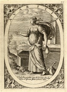 Avaritia, hebzucht - gierigheid een geblinddoekte vrouw met een geldbuidel in de hand, staand in een ovaal, in een landschap. Naast haar een geldkist, nog een geldbuidel en een kikker. In d, NL-HlmNHA 1477 53008357
