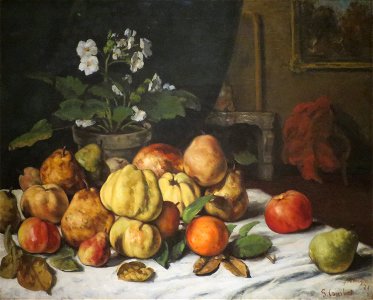 'Apples, Pears, and Primroses on a Table' by Gustave Courbet. Free illustration for personal and commercial use.