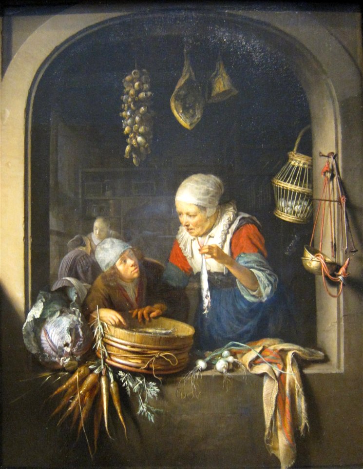 'An Old Woman and a Boy with Herring' by Gerard Dou, c. 1665