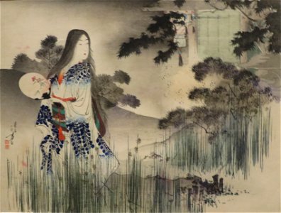 'Lady in Wisteria Kimono' by Mizuno Toshikata, c. 1900, Honolulu Museum of Art, 27488. Free illustration for personal and commercial use.