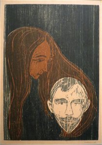 'Man's Head in Woman's Hair' by Edvard Munch, 1896, woodcut