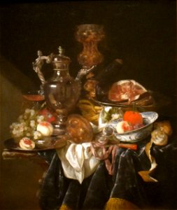 'Silver Wine Jug, Ham, and Fruit' by Abraham van Beyeren, c. 1660-1666