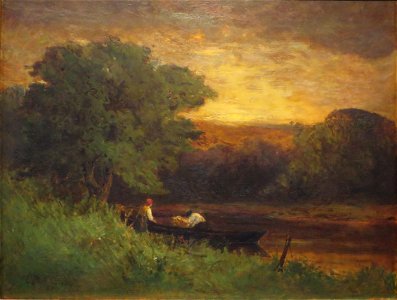 'River Scene' by Edward Mitchell Bannister, 1883, oil on canvas, Honolulu Museum of Art. Free illustration for personal and commercial use.