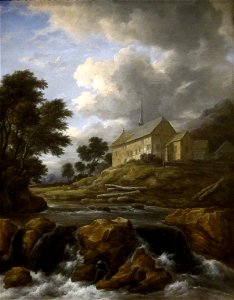 'Landscape with a Church by a Torrent', oil on canvas painting by Jacob van Ruisdael, c. 1670