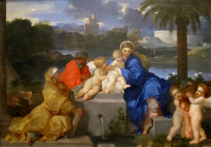 'The Holy Family with Saints Elizabeth and the Infant John the Baptist' by Sébastien Bourdon, Dayton. Free illustration for personal and commercial use.