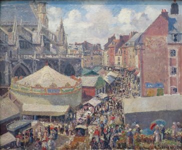 'The Fair in Dieppe, Sunny Morning' by Camille Pissarro, 1901, Hermitage. Free illustration for personal and commercial use.