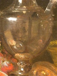 'Silver Wine Jug, Ham, and Fruit' by Abraham van Beyeren, detail showing artist's reflection
