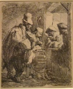 'The Strolling Musicians' by Rembrandt van Rijn, 1635, etching, Honolulu Museum of Art. Free illustration for personal and commercial use.