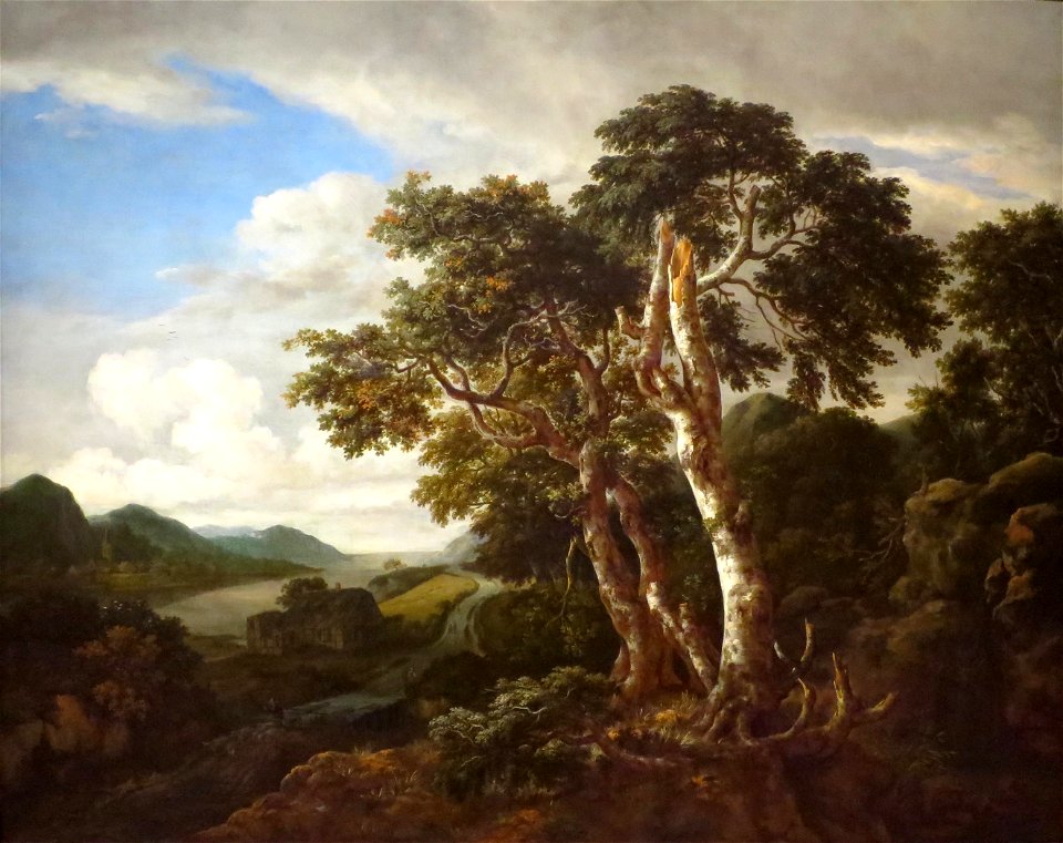 'Three Great Trees in a Mountainous Landscape with a River' by Jacob van Ruysdael