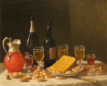 'Still Life with Bottles, Wine, and Cheese' by John F. Francis, 1857, High Museum. Free illustration for personal and commercial use.