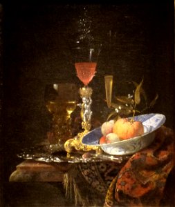 'Wineglass and a Bowl of Fruit', oil on canvas painting by Willem Kalf, 1663. Free illustration for personal and commercial use.
