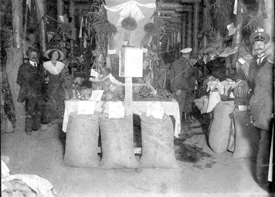 A group of individuals in the pavilion Mologa county agricultural and handicraft exhibitions in 1912