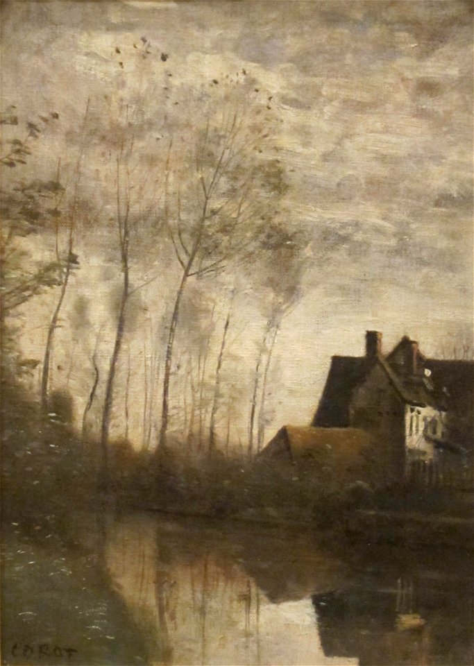 A River Scene with Houses and People Corot, San Diego Museum of Art