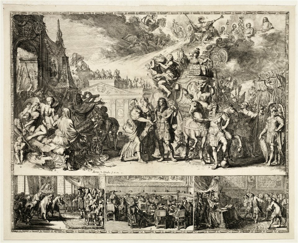 Allegorie op het aanbieden van het hertogdom Gelre en het graafschap Zutphen aan Willem III in januari 1675 die deze op 21 februari afslaat. NL-HlmNHA 53009070