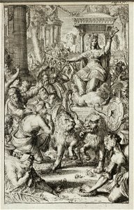 Allegorische voorstelling met o.a. een Stedenmaagd gezeten op een triomfwagen, voortgetrokken door twee leeuwen. NL-HlmNHA 53008797