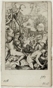 Allegorische voorstelling, o.a. met doorbroken symbool van de oneindige tijd, de slag die zichzelf in de staart bijt. NL-HlmNHA 53008805