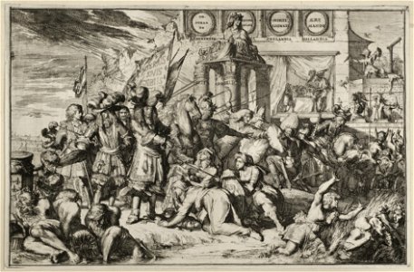 Allegorische voorstelling over de Franse invasie en verbreking van de eenheid van de Unie in 1672. NL-HlmNHA 53009064