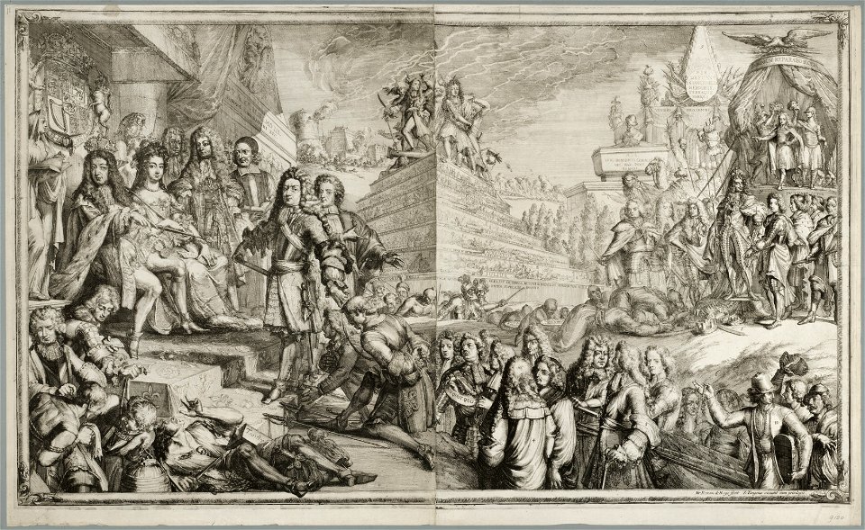 Allegorie op de gebeurtenissen in 1689 met de stadhouder-koning Willem III en koningin Maria op de troon. NL-HlmNHA 53009120