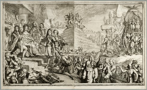 Allegorie op de gebeurtenissen in 1689 met de stadhouder-koning Willem III en koningin Maria op de troon. NL-HlmNHA 53009120