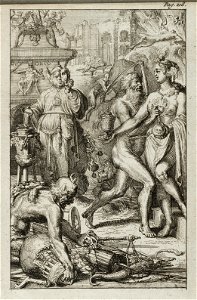 Allegorische voorstelling met o.a. Vader Tijd (Chronos) en Bedrog (Fraus) in de persoon van een koning Midas-achtige figuur met ezelsoren en een masker voor zijn ware gezicht. NL-HlmNHA 53008798