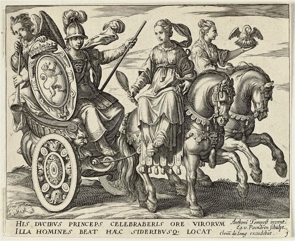 Allegorische voorstelling met een strijdwagen getrokken door twee paarden. Op de wagen zit een Marsfiguur. Op de paarden de personificaties van de Voorzichtigheid en de Trouw. NL-HlmNHA 1477 53011495
