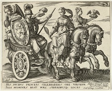 Allegorische voorstelling met een strijdwagen getrokken door twee paarden. Op de wagen zit een Marsfiguur. Op de paarden de personificaties van de Voorzichtigheid en de Trouw. NL-HlmNHA 1477 53011495