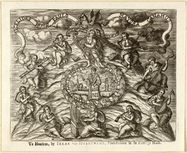 Allegorische voorstelling met muzikanten, Apollo en Laurens Jansz Coster. NL-HlmNHA 1477 53010347