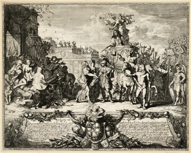 Allegorische voorstelling op het herstel en de wederopname van de provincie Utrecht in de Unie, na het vertrek van de Fransen op 23 november 1673. NL-HlmNHA 53009059