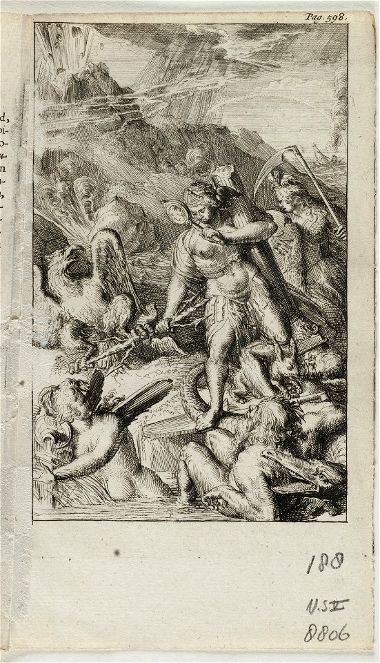 Allegorische voorstelling, o.a. met het diersymbool van Jupiter, de adelaar met bliksemstralen in de poot. NL-HlmNHA 53008806