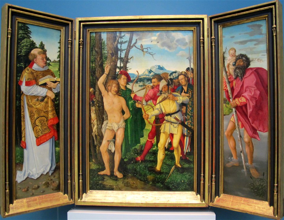 Hans baldung grien, martirio di santo sebastiano coi santi stefano, cristoforo, apollonia, dorotea, 1507, 01