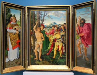 Hans baldung grien, martirio di santo sebastiano coi santi stefano, cristoforo, apollonia, dorotea, 1507, 01