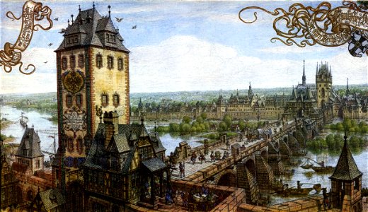 Alte Brücke Frankfurt ca 1600 Ausschnitt Aquarell Peter Becker 1889