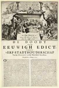 Allegorie op de afschaffing van het Eeuwig Edict uit 1667 met het aanbieden van het erfstadhouderschap aan de prins van Oranje, 2 februari 1674. NL-HlmNHA 53009062