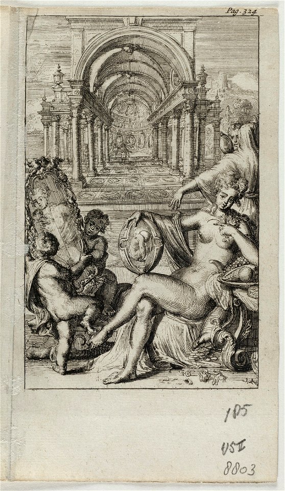 Allegorische voorstelling met o.a. een gezeten, naakte vrouw, die een opengewerkt ei vasthoudt in het ei een baby, beeld van de zwangerschap. De vrouw wordt een spiegel voorgehouden. De vro, NL-HlmNHA 53008803