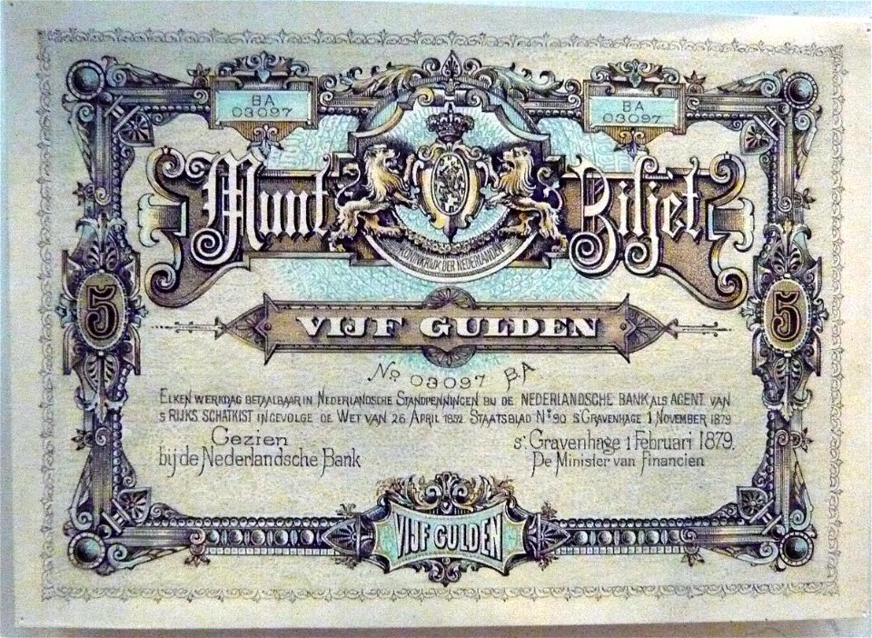 Banknote 5 guilders 1879