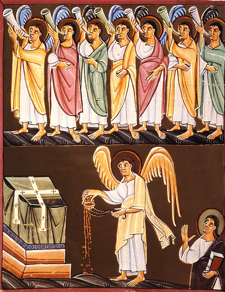 BambergApocalypseFolio019v7AngelsWith7TrumpetsAnd1WithCenser
