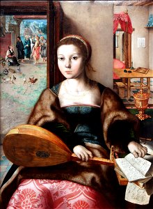 1550 van Hemessen Maria Magdalena, im Hintergrund Christus bei Martha anagoria. Free illustration for personal and commercial use.