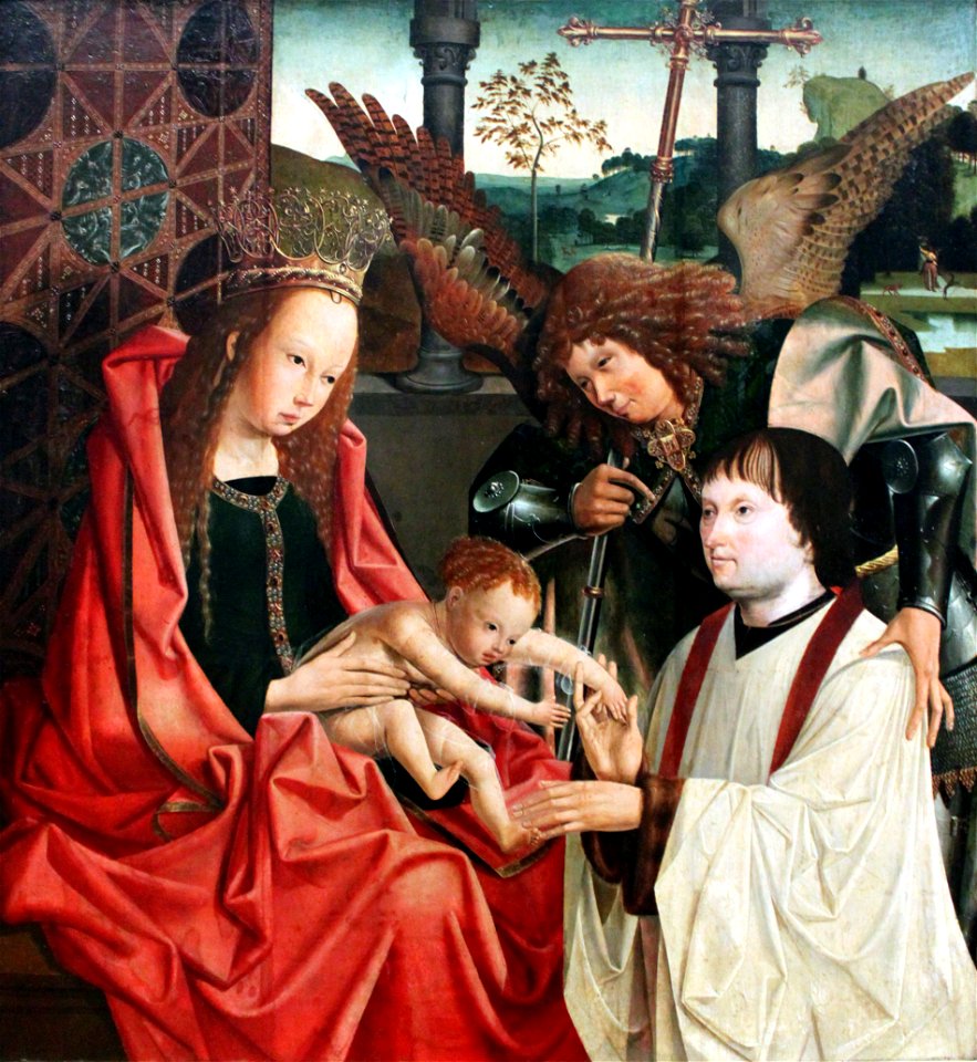 1510 Meister des Antwerpener Marien-Tryptichons Maria mit dem Kind, dem Erzengel Michael und einem Stifter anagoria