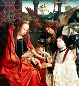 1510 Meister des Antwerpener Marien-Tryptichons Maria mit dem Kind, dem Erzengel Michael und einem Stifter anagoria