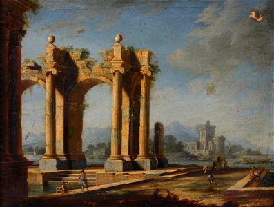 Gennaro Greco - Capriccio of classical ruins, with a port and boats beyond