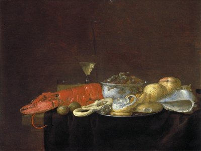 Pieter van Overschie - Still life with a lobster and other foods. Free illustration for personal and commercial use.