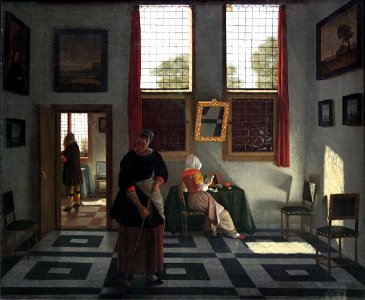 1668 Elinga Interieur mit lesender Dame und kehrender Magd anagoria