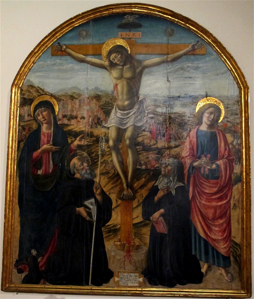 Andrea di niccolò, Crocifissione con la Vergine e i santi Giovanni, Benedetto e Scolastica, 1502