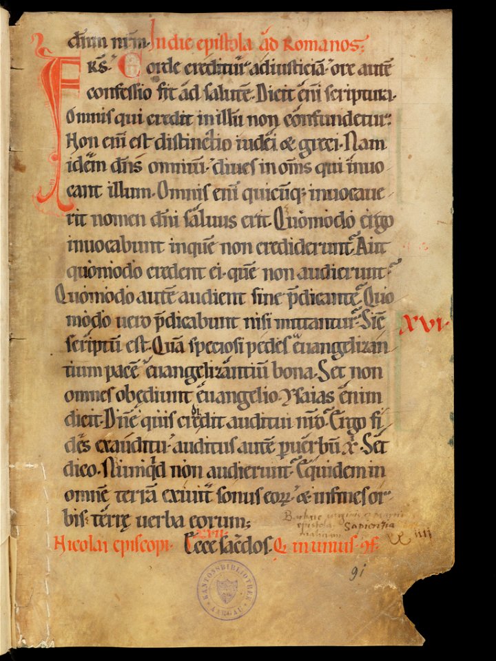 Aarau, Aargauer Kantonsbibliothek, MsWettF 13, f. 91r – Epistolare OCist