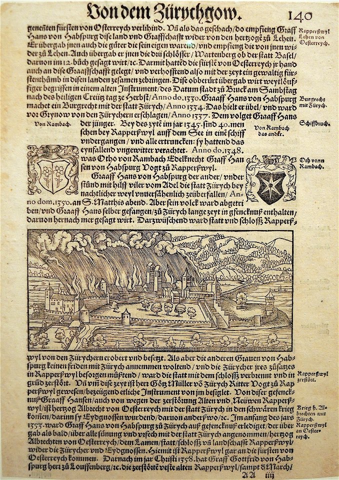 Brandschatzung von Rapperswil durch Zürich 1350 - Chronik Stumpf 1547-48 Faksimile - Stadtmuseum Rapperswil 2013-10-05 16-02-53 (P7700)