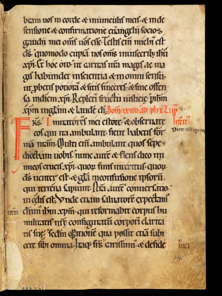 Aarau, Aargauer Kantonsbibliothek, MsWettF 13, f. 74r – Epistolare OCist