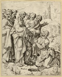 Christus en de vrouw uit Canaan (Matheus 1522-28 Marcus 1241-44). NL-HlmNHA 1477 53008630